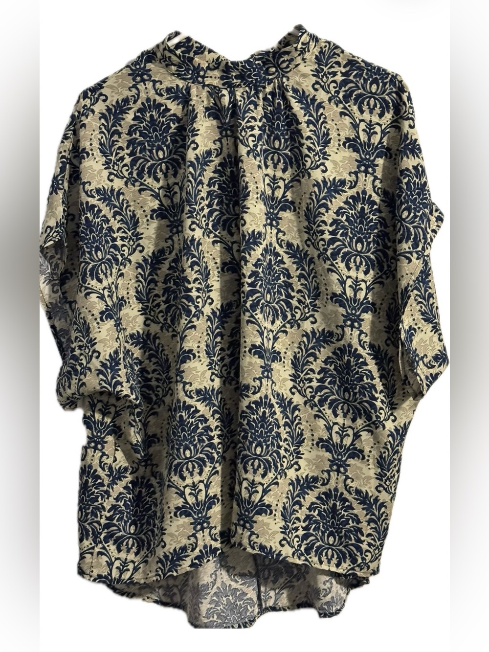 Navy Blue & Cream Damask Print Batwing Blouse 1XL (US 14-16)
